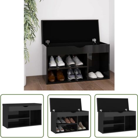 The Living Store Banc à chaussures et coussin Noir brillant Bois d'ingénierie - Banc À Chaussures - Meuble Entrée - Rangement Chaussures - Banc Avec Coussin - Organiseur Chaussures