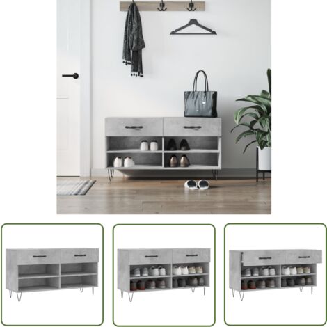 The Living Store Banc à chaussures gris béton 102x35x55 cm bois d'ingénierie - Meuble À Chaussures - Banc Chaussure - Rangements Chaussures - Meuble Entrée - Rangement Maison