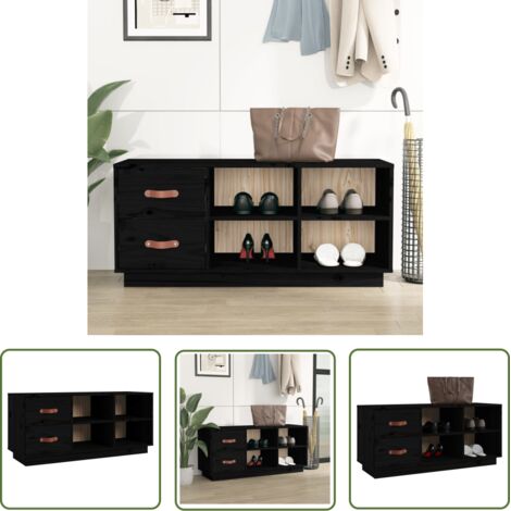 The Living Store Banc à chaussures Noir 100x34x45 cm Bois de pin massif - Banc Chaussure - Rangement Chaussures - Entrée - Mobilier Intérieur - Bois De Pin