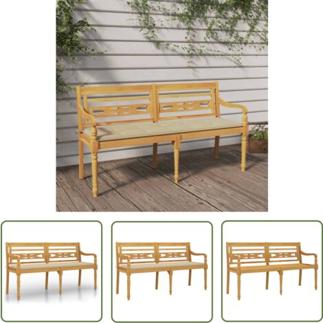 The Living Store Banc Batavia avec coussin beige 150 cm Bois de teck massif - Banc De Jardin - Meuble De Jardin - Banc En Bois - Banc Teak - Mobilier De Jardin