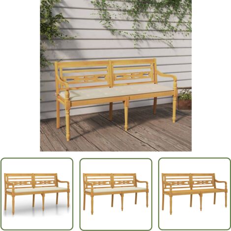 The Living Store Banc Batavia avec coussin crème 150 cm Bois de teck massif - Banc De Jardin - Banc En Bois - Meuble De Jardin - Jardin - Terrasse