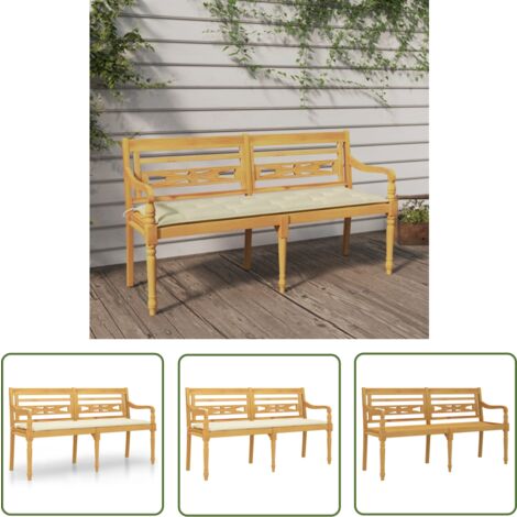 The Living Store Banc Batavia avec coussin crème 150 cm Bois de teck massif - Banc De Jardin - Meuble De Jardin - Jardin - Terrasse - Teak