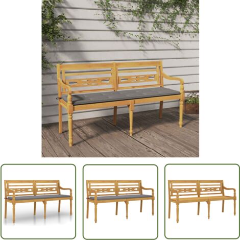 The Living Store Banc Batavia avec coussin gris 150 cm Bois de teck massif - Banc De Jardin - Meuble De Jardin - Banc En Bois - Banc Teak - Jardin Design
