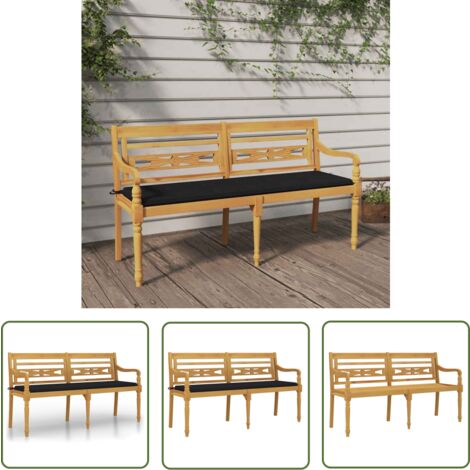 The Living Store Banc Batavia avec coussin noir 150 cm Bois de teck massif - Banc De Jardin - Meuble De Jardin - Jardin - Terrasse - Teak