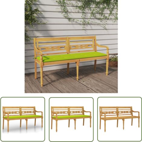 The Living Store Banc Batavia avec coussin vert brillant 150 cm Bois teck massif - Banc De Jardin - Meuble De Jardin - Banc En Bois - Banc Teak - Jardin Design
