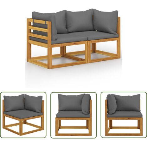 The Living Store Banc de jardin à 2 places avec coussins gris foncé - Banc De Jardin - Mobilier De Jardin - Banc Exterieur - Meubles De Terrasse - Acacia