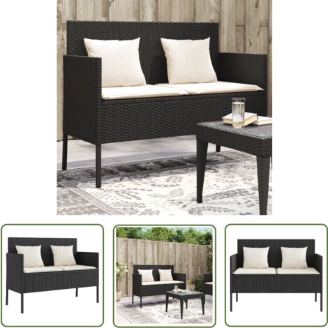 The Living Store Banc de jardin avec coussins noir résine tressée - Banc De Jardin - Meuble De Jardin - Résine Tressée - Rotin Artificiel - Stockage Extérieur
