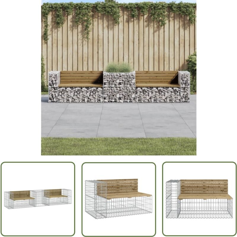 The Living Store - Banc de jardin avec panier en gabion bois de pin imprégné - Banc De Jardin - Mobilier De Jardin - Gabion - Chaise Extérieure