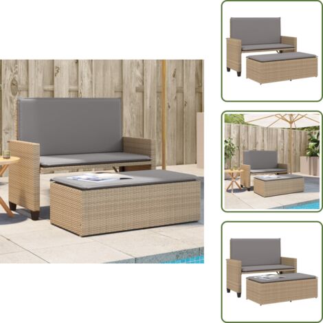 The Living Store Banc de jardin et coussins et repose-pied beige résine tressée - Banc De Jardin - Meuble De Jardin - Salon De Jardin - Chaise Longue - Canapé-lit