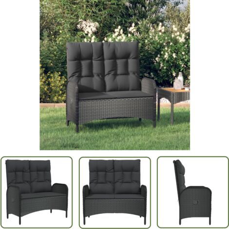 The Living Store Banc de jardin inclinable avec coussins 107 cm Poly rotin Noir - Banc De Jardin - Banc Pliable - Meubles De Jardin - Mobilier Extérieur - Chaise Longue