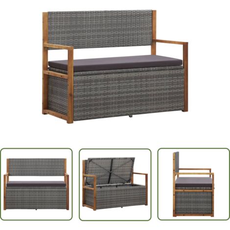 The Living Store Banc de rangement 115 cm Résine tressée et bois d'acacia Gris - Banc De Jardin - Mobilier De Jardin - Banc De Rangement - Résine Tressée - Bois D'acacia