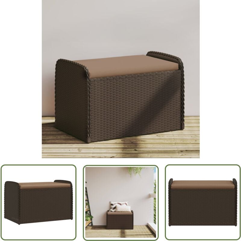 The Living Store - Banc de rangement et coussin marron 80x51x52 cm résine tressée - Banc De Jardin - Meuble De Jardin - Rangement Extérieur - Banc