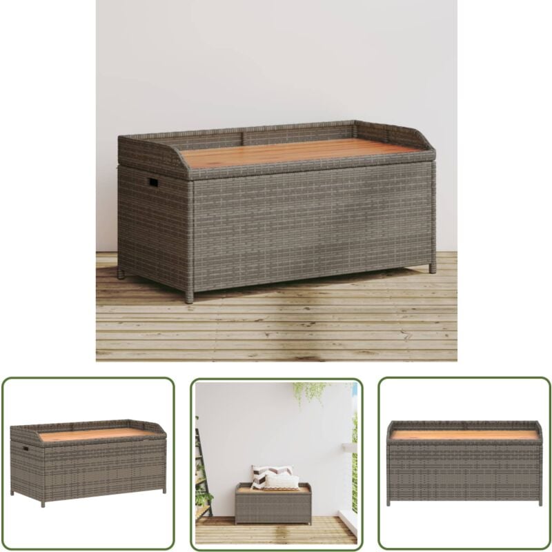 Banc de rangement gris résine tressée et bois d'acacia - Banc De Jardin - Banc De Rangement - Mobilier De Jardin - Résine Tressée - Coffre De