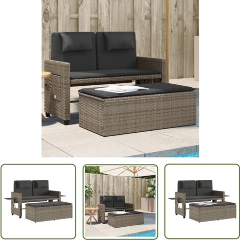 The Living Store Banc inclinable de jardin avec coussins gris résine tressée - Banc De Jardin - Mobilier De Jardin - Chaise Longue - Salon De Jardin - Set De Jardin