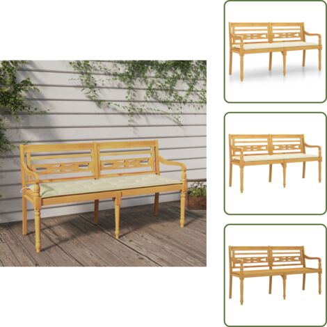 The Living Store Banco Batavia cojín color crema madera maciza de teca 150 cm - Banco de madera