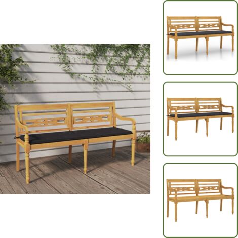 The Living Store Banco Batavia con cojín antracita madera maciza de teca 150 cm - Banco de madera