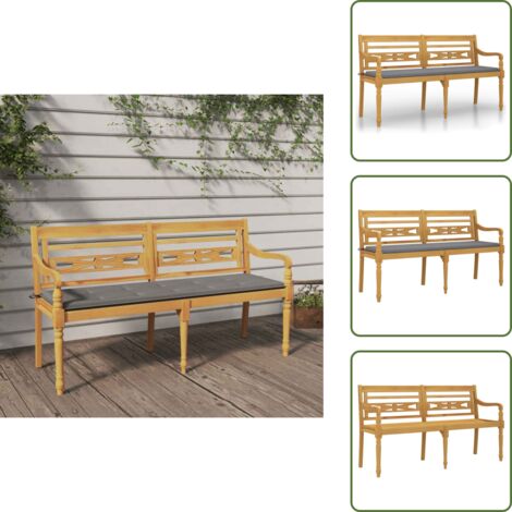 The Living Store Banco Batavia con cojín gris madera maciza de teca 150 cm - Banco de madera
