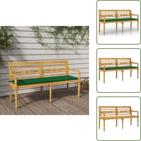 The Living Store Banco Batavia con cojín verde madera maciza de teca 150 cm - Banco de madera