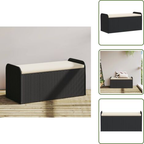 The Living Store Banco con almacenaje y cojín ratán sintético negro 115x51x52 cm - Cojín de jardín