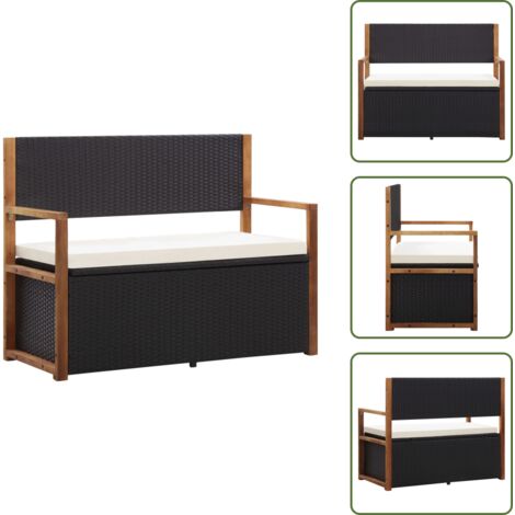 The Living Store Banco de almacenaje ratán sintético madera acacia negro 115 cm - Ratán sintético