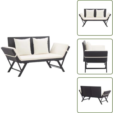 The Living Store Banco de jardín con cojines ratán sintético negro 176 cm - Tumbona convertible
