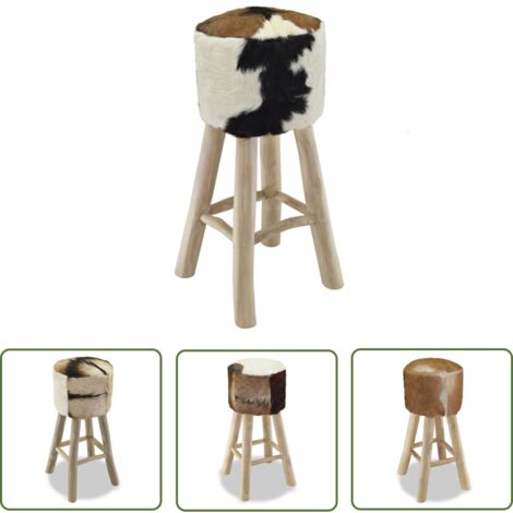 The Living Store Barhocker Echtleder und Teak Massivholz - Fellhocker - Barhocker - Wohnzimmer Deko - Vintage Stuhl - Holztisch