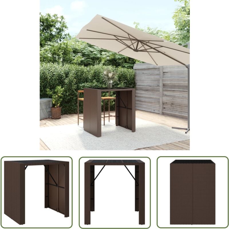 The Living Store - Table de bar et dessus en verre marron 105x80x110 cm poly rotin - Table De Bar - Table Extérieure - Mobilier De Jardin - Table