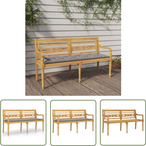 The Living Store Batavia-Bank mit Grauem Kissen 150 cm Massivholz Teak - Holzbanks - Gartenbank - Teakholzmöbel - Outdoor Möbel - Gartenmöbel