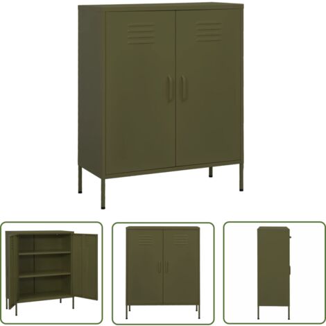 The Living Store Beistellschrank Olivgrün 80x35x101,5 cm Stahl - Lagerschrank - Stauraum - Wohnzimmermöbel - Garderobe - Metallregal