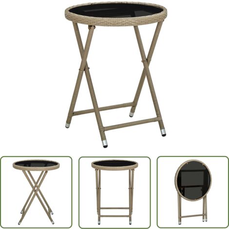 The Living Store Beistelltisch Beige 60 cm Poly Rattan und Hartglas - Gartentisch - Outdoor Möbel - Rattan Tisch - Klapptisch - Beistelltisch