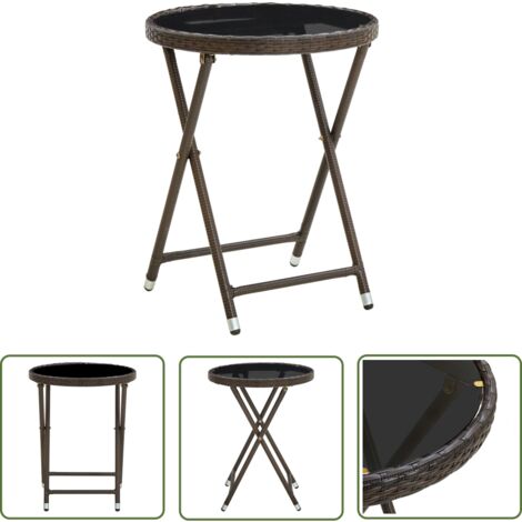 The Living Store Beistelltisch Braun 60 cm Poly Rattan und Hartglas - Gartentisch - Outdoor Möbel - Rattan Tisch - Klapptisch - Esszimmertisch