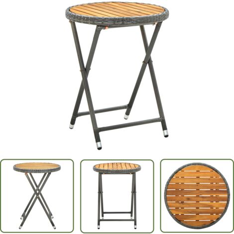 The Living Store Beistelltisch Grau 60 cm Poly Rattan und Akazie Massivholz - Gartentisch - Außentisch - Balkontisch - Bistrotisch - Esszimmerset