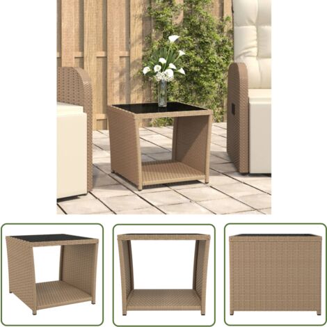 The Living Store Beistelltisch mit Glasplatte Beige Poly Rattan & Hartglas - Teetisch - Gartenmöbel - Außenbereich - Balkonmöbel - Esszimmerset