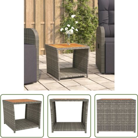 The Living Store Beistelltisch mit Holzplatte Grau Poly Rattan & Akazienholz - Gartentisch - Außentisch - Bistrotisch - Balkontisch - Esszimmerset