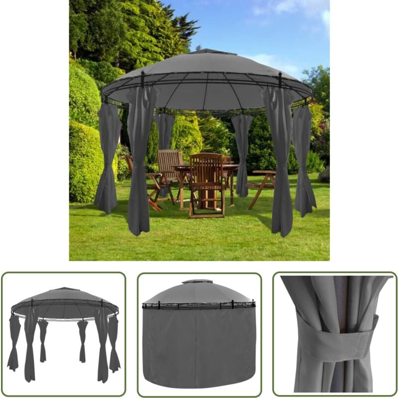 The Living Store - Belvédère avec rideaux Rond 3,5 x 2,7 m Anthracite - Abri Jardin - Gazebo - Auvent Rond - Parasol - Tente Extérieure
