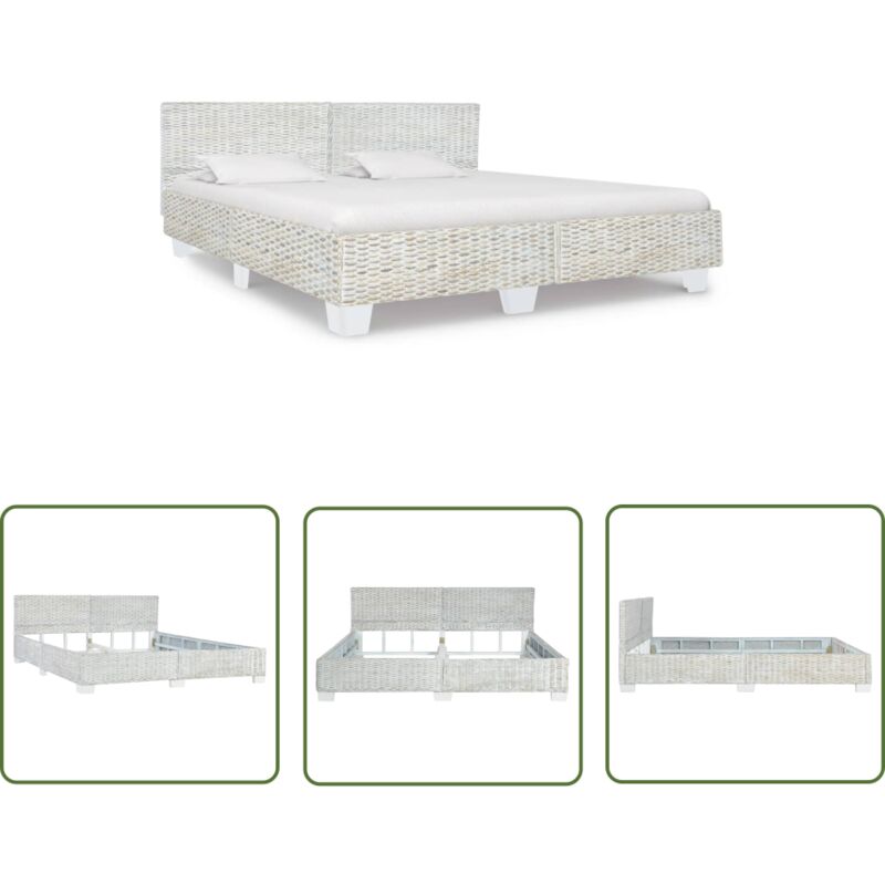 The Living Store - Bett Grau Natur Rattan 180x200 Cm - Rattan Bett - Massivholz Bett - Mahagoni Bett - Mangoholz Bett - Doppelbett