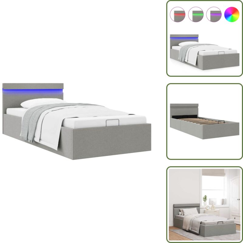 Vidaxl The Living Store - Bett Mit Bettkasten Hydraulisch Led Hellgrau Stoff 90x200 Cm - Boxspringbett - Einzelbett - Schlafraumgestaltung - Bettgestell -