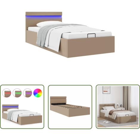 The Living Store Bett mit Bettkasten LED Cappuccino-Braun Kunstleder 100x200 cm - Hydraulisches Bettgestell - Einzelbett - Kunstlederbett - Stauraumbett - Boxspringbett