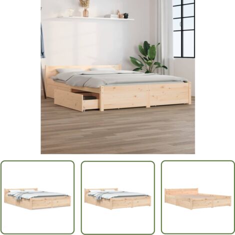 The Living Store Bett mit Schubladen 150x200 cm - Holzbett - Doppelbett - Boxspringbetten - Kiefernholzbett - Bettgestell