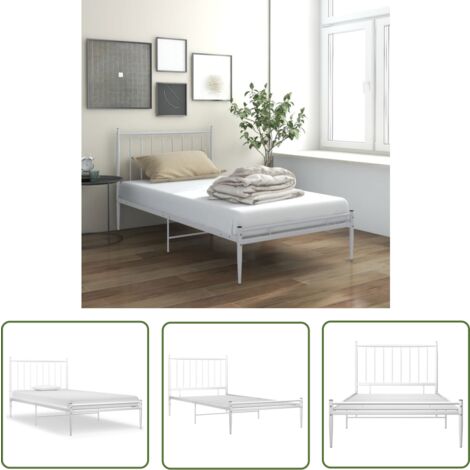The Living Store Bett Weiß Metall 90x200 cm - Metallbett - Singlebettwäsche - Weißes Bett - Bettrahmen - Boxspringbett