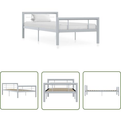 The Living Store Bettgestell Grau und Weiß Metall 100 × 200 cm - Metallbett - Doppelbett - Boxspringbett - Bettgestell - Schlafraumgestaltung