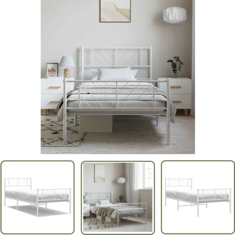 The Living Store Bettgestell mit Kopf- und Fußteil Metall Weiß 100x190 cm - Bettgestell - Metallbett - Weißes Bett - Doppelbett - Boxspringbetten