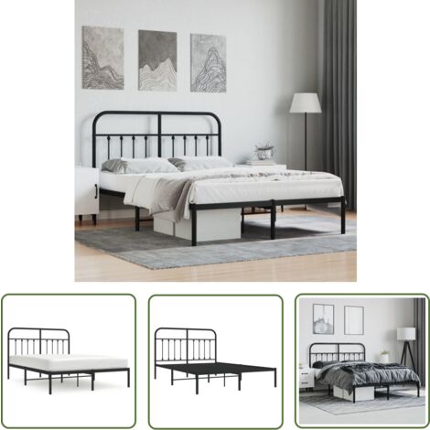 The Living Store Bettgestell mit Kopfteil Metall Schwarz 140x190 cm - Bettes Gestell - Doppelbett - Metallbett - Schwarzes Bett - Kopfteil
