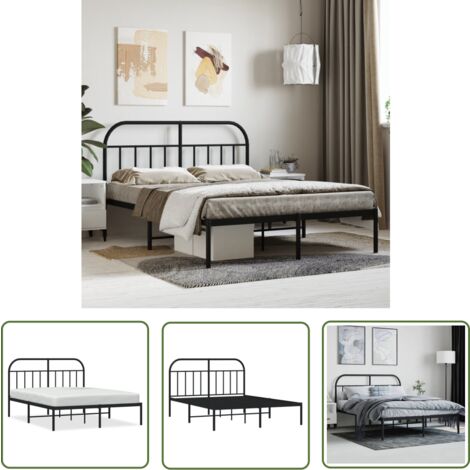 The Living Store Bettgestell mit Kopfteil Metall Schwarz 140x200 cm - Metallbettfundament - Doppelbett - Boxspringrahmen - Schwarzes Bettgestell - Bettrahmen Schwarz