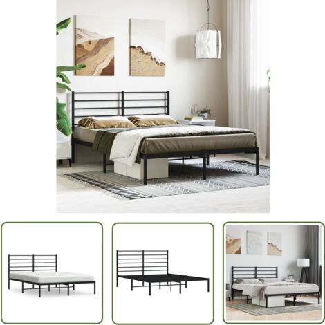 The Living Store Bettgestell mit Kopfteil Metall Schwarz 140x200 cm - Metallbettfundament - Doppelbett - Schwarzes Bettgestell - Boxspringrahmen - Kopfteil