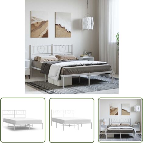 The Living Store Bettgestell mit Kopfteil Metall Weiß 150x200 cm - Bettrahmen - Metallbettfundament - Weißer Betrahmen - Boxspringbett - Einzelbett