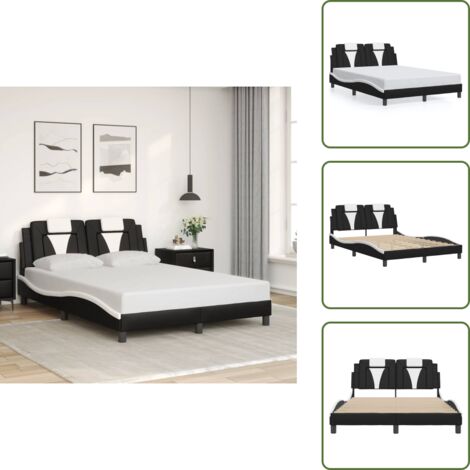 The Living Store Bettgestell mit Kopfteil Schwarz und Weiß 140x200 cm Kunstleder - Bettstellengestell - Doppelbett - Schlafzimmermöbel - Kunstlederbettwäsche - Boxspringbett