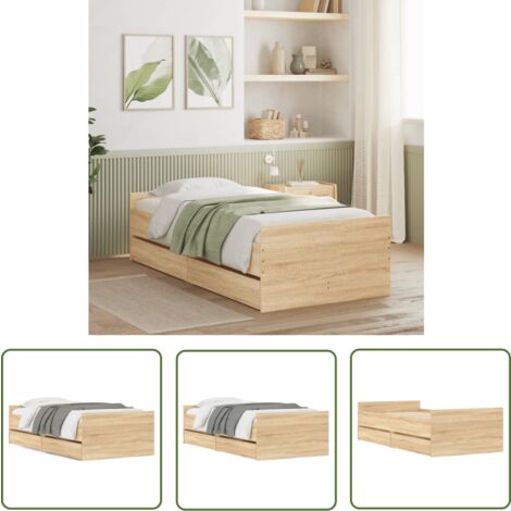 The Living Store Bettgestell mit Schubladen Sonoma-Eiche 100x200 cm - Bettesrahmen - Holzbettfundament - Doppelbett - Schrankbett - Bettkasten