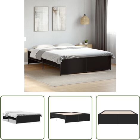 The Living Store Bettgestell Schwarz 140x200 cm Holzwerkstoff und Metall - Bettes - Doppelbett - Holzrahmen - Lattenrost - Schwarzes Bett