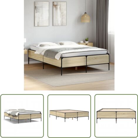 The Living Store Bettgestell Sonoma-Eiche 135x190 cm Holzwerkstoff und Metall - Holzbettwäsche - Lattenrost - Doppelbett - Boxspringbett - Bettkasten